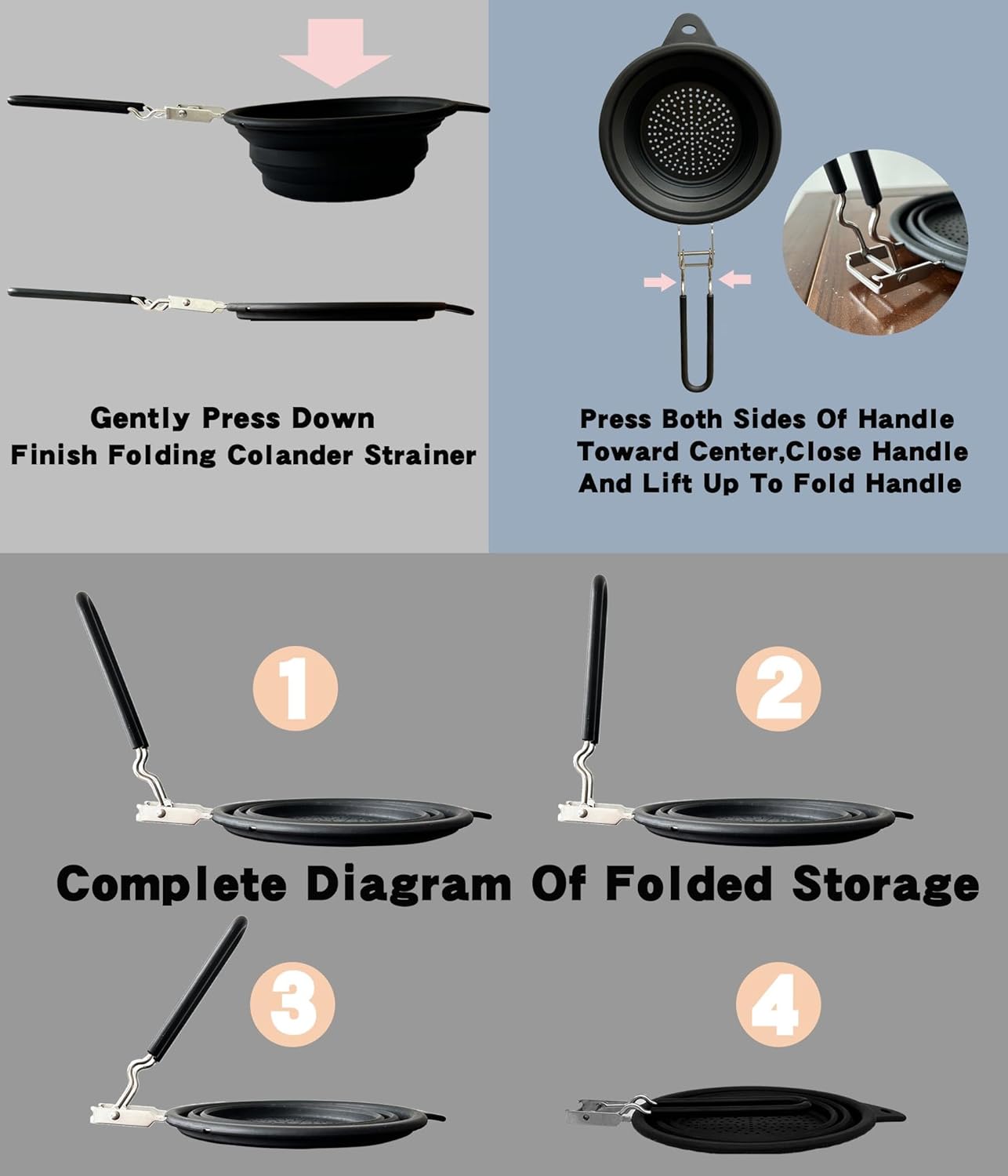 Silicone Collapsible Colander with Handle,Home/RV Kitchen Space Saving Silicone Colander,Drainage of Food,Vegetables,Fruits (Grey)