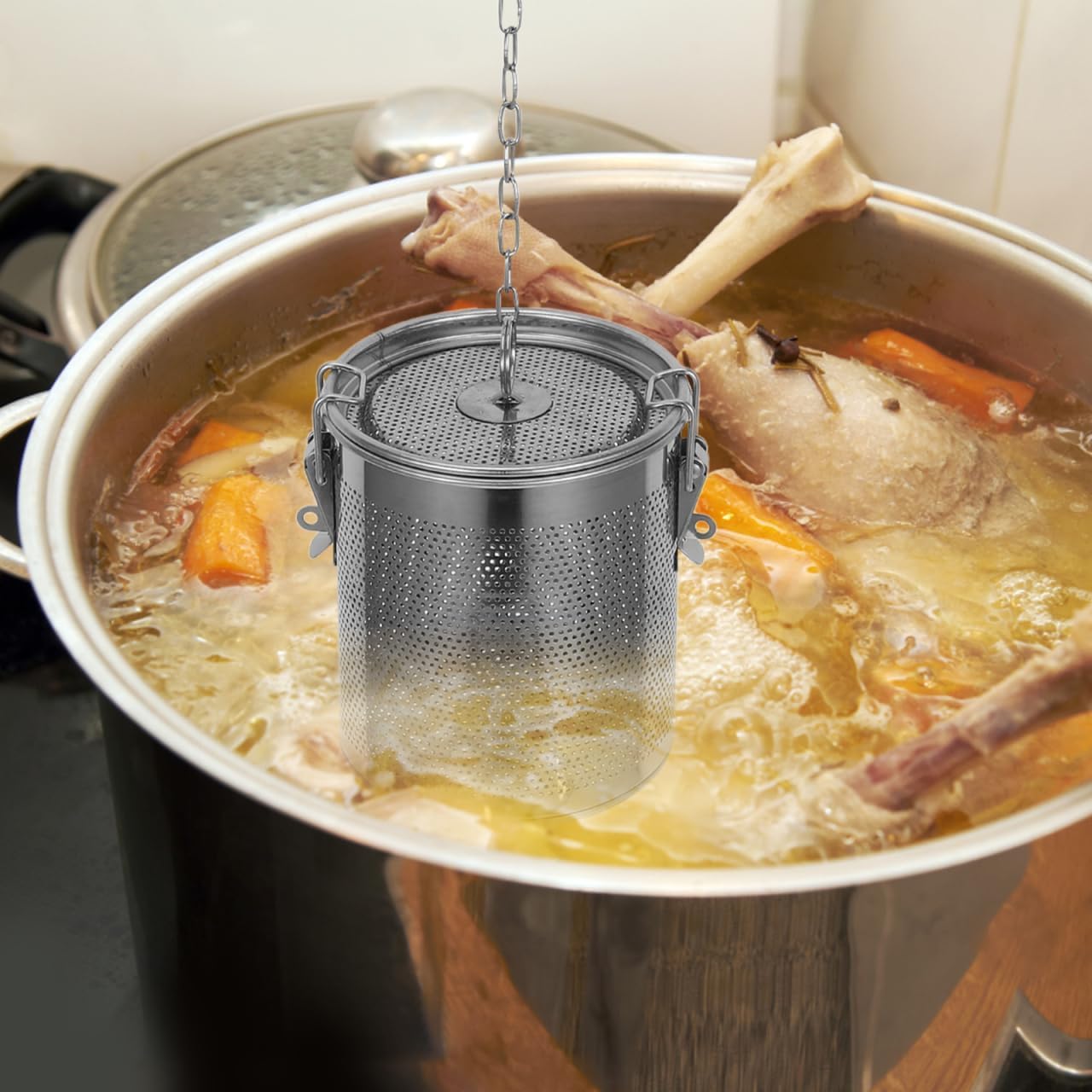 Zerodeko 1pc Soup Seasoning Bag Spice Bag Box Diffuser Tea Ball Filter Mesh Strainer Stainless Steel Brine Basket Strainer Basket Metal Loose Leaves Infusion Set Tea Maker Tea Strainer, Silver