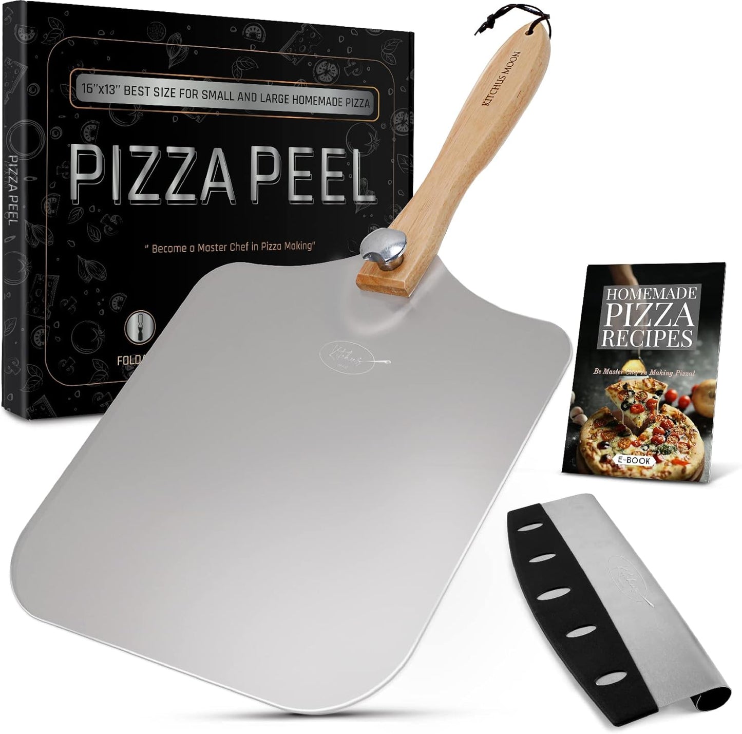Large Pizza Peel 16 inch - Extra Large Metal Pizza Peel with 14 inch Stainless Steel Pizza Cutter Rocker, Pizza Paddle with Folding Handle (13"x16" with 14" Cutter)