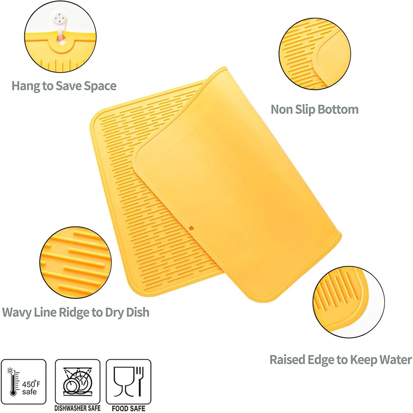 Silicone Dish Drying Mat for Multiple Usage,Easy clean,Eco-friendly,Heat-resistant Silicone Mat for Kitchen Counter or Sink,Refrigerator or Drawer Liner Yellow 4XL 32 inches x 18 inches