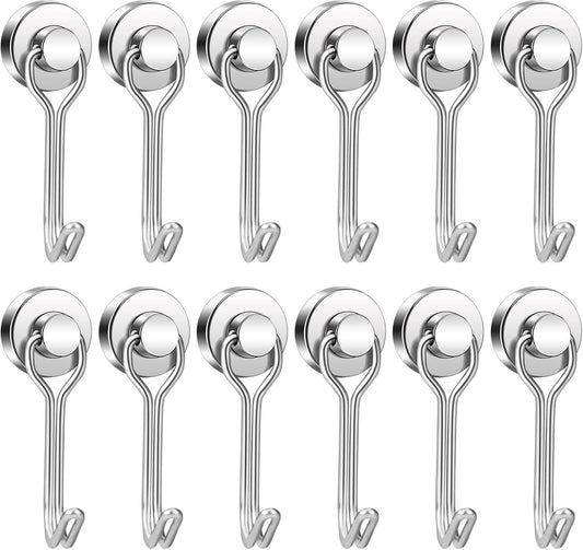 BAVITE Swivel Swing Magnetic Hooks New Upgraded, Refrigerator Magnet Hook,Strong Neodymium Magnets, Perfect for Refrigerator and Other Surfaces, Silver 30lb 12pack