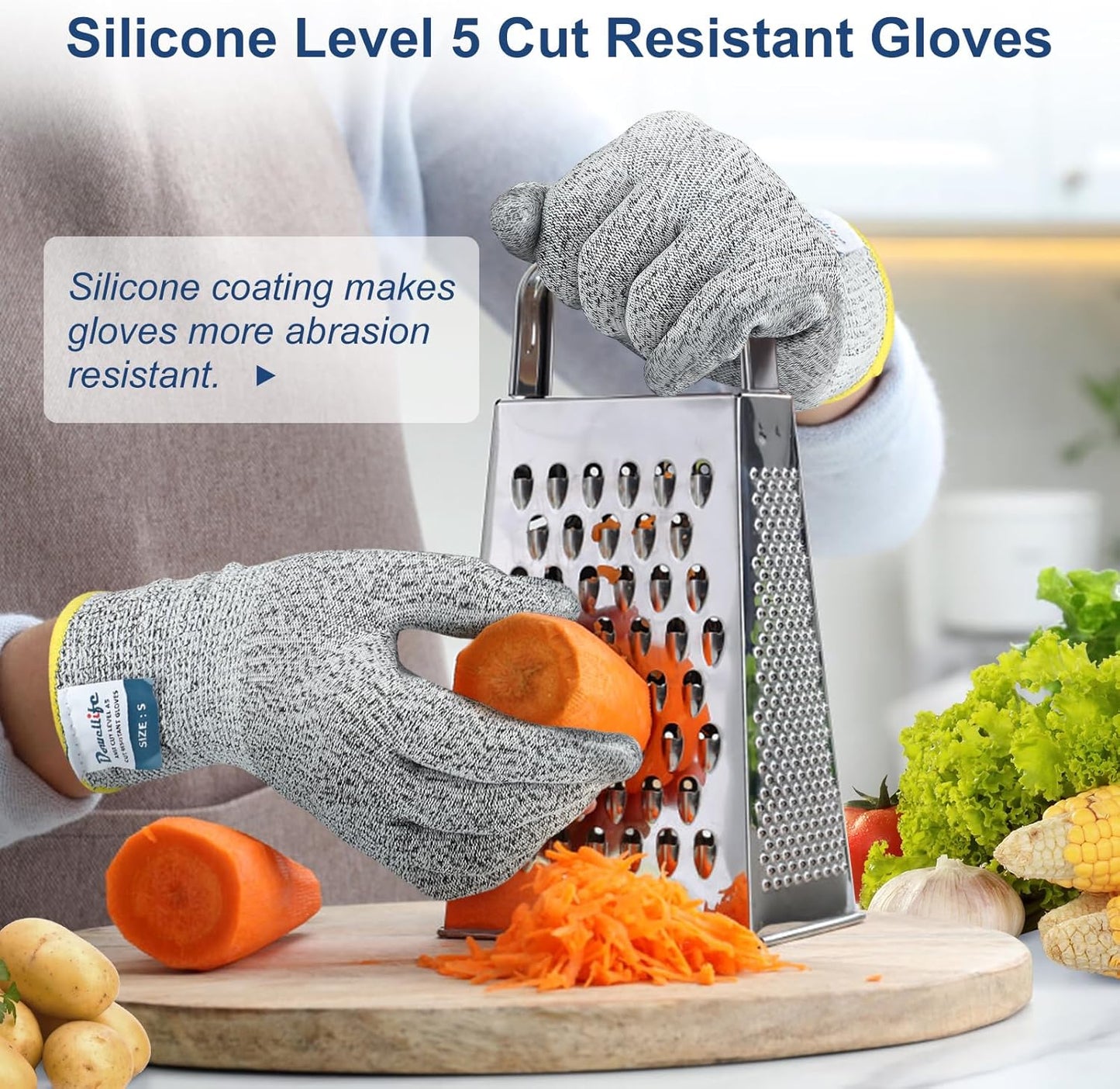 Dowellife Level 5 Cut Resistant Gloves with Silicone Coating, Food Grade Kitchen Knife Safety Gloves, Work Gloves for Chef, Mandoline Oyster Shucking Meat Cutting Wood Carving (Gray Small)