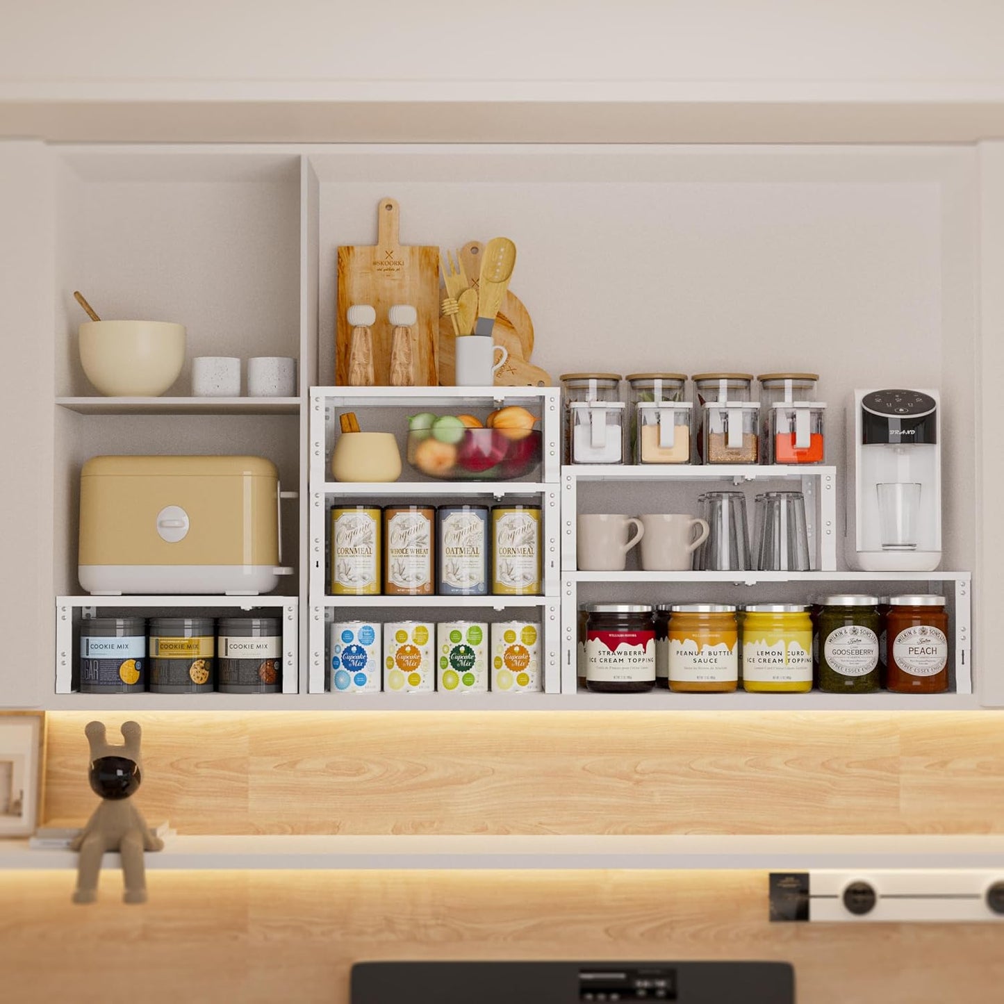 Expandable Spice Rack,Stackable Storage for Cabinet, Multi-Functional Kitchen Shelving,Height-Adjustable,Sustainable Organizer Solution(2Packs/White/Large)