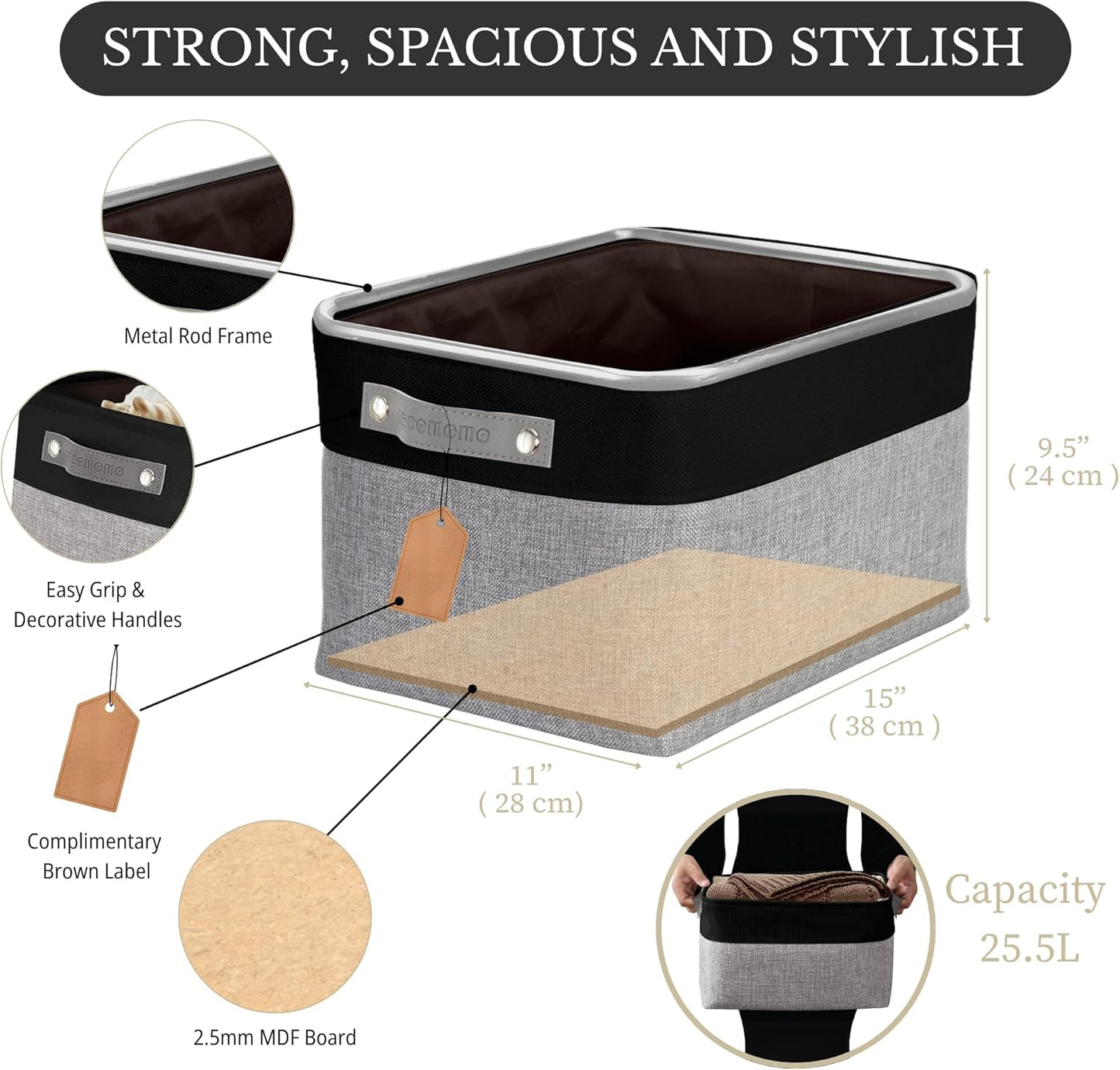 DECOMOMO Storage Baskets for Shelves - Fabric Storage Bins, Linen Closet Organizers and Storage (Grey & Black, Large - 4 Pack)