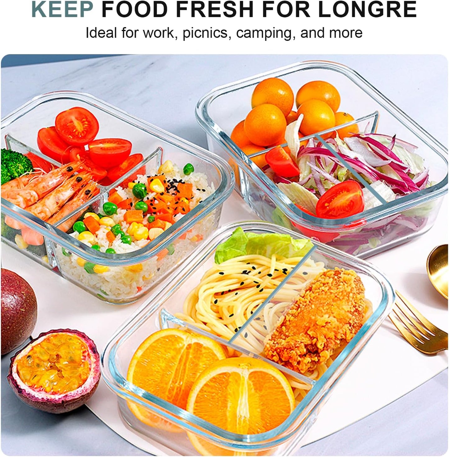 KOMUEE Glass Meal Prep Containers 3 Compartments, 5 Pack 36 oz, Glass Food Storage Containers with Lids, Airtight Lunch Bento Box, Portion Control, Freezer and Microwave Safe, Green