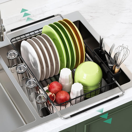 Over the Sink Expandable Dish Drainer Drying Rack In Stainless Steel for Small Kitchen, Counter Space Saving Modern Compact Metal Above Plate Dryer Strainer, Adjustable Hanging Inside Drain Holder