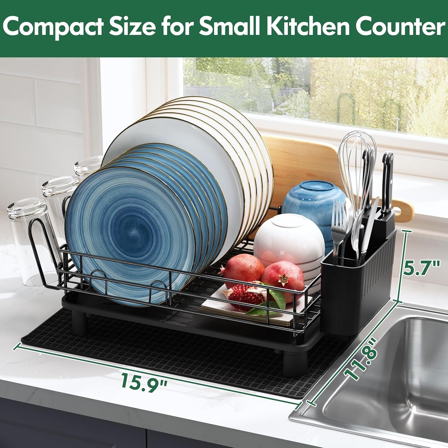 JASIWAY Stainless Steel Black Dish Drainers Drying Rack for Kitchen Counter with Drainboard, Rust Proof Metal, Space Saving, Modern Aesthetic, Compact Plates Dryer Strainers with Tray and Extra Mat