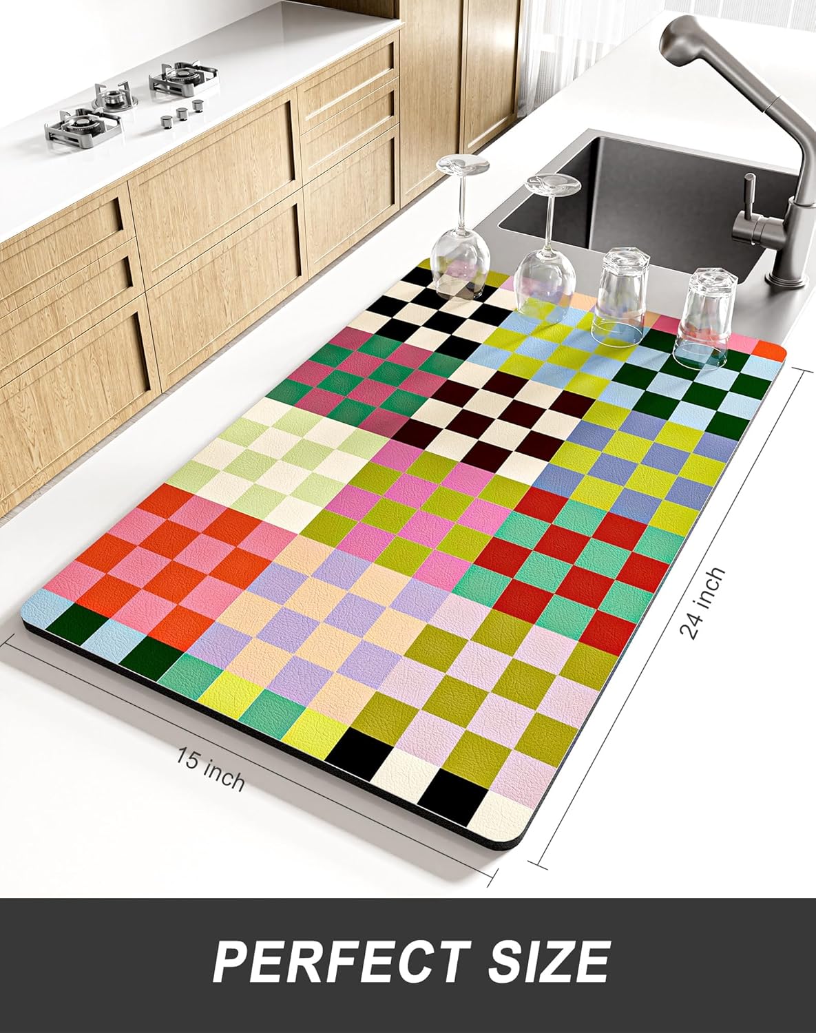 Rnivvi Dish Drying Mat for Kitchen Counter, XL 15 x 24" Cute Checkered Absorbent Draining Pad, Non-Slip Heat Resistant Coffee Bar Mats for Coffee Machine Station Accessories, Colorful Dish Rack Pad