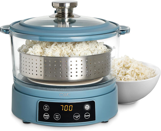 COOK WITH COLOR 3L Glass Low Carb Rice Cooker - Makes 6 Cups Low Sugar Rice with Auto Lift Filter Basket, Hotpot & Steamer for Rice, Grains and Oats, Digital Panel with Keep Warm Function, Slate Blue