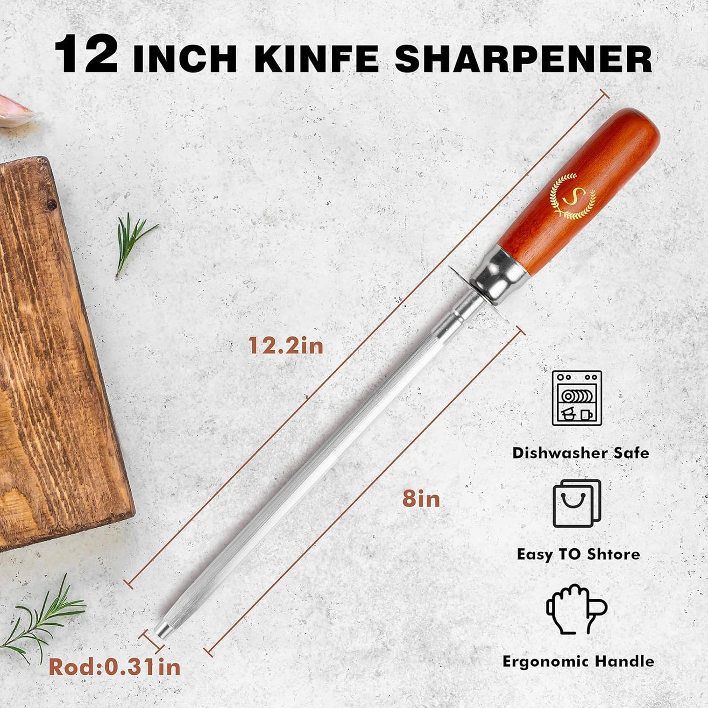 Knife Sharpener Rod, Kitchen Knives Sharpener Carbon Steel Professional Knife Sharpening Steel, Honing Rod with Hanging Holes (13 inches), S
