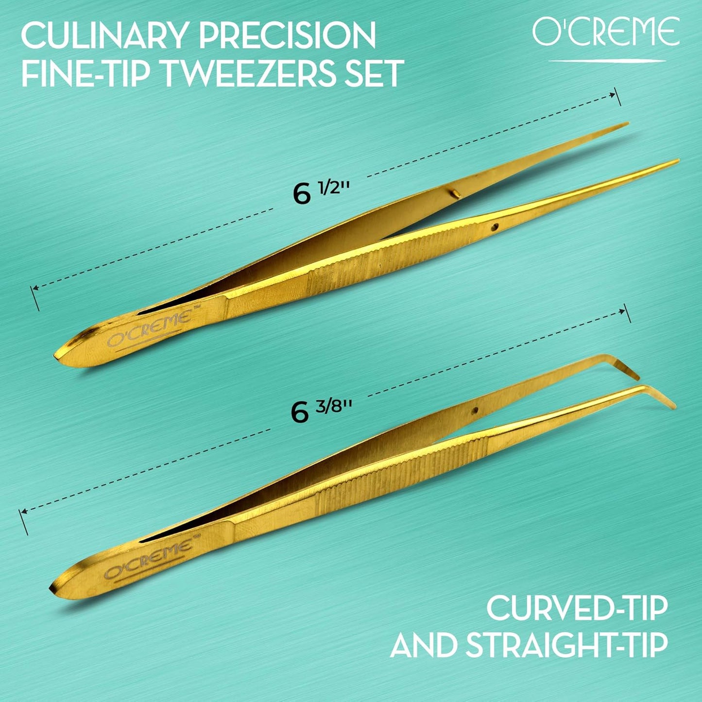 O'Creme Gold Stainless Steel Precision Kitchen Culinary Fine-Tip Tweezer Tongs, 1 Curved and 1 Straight
