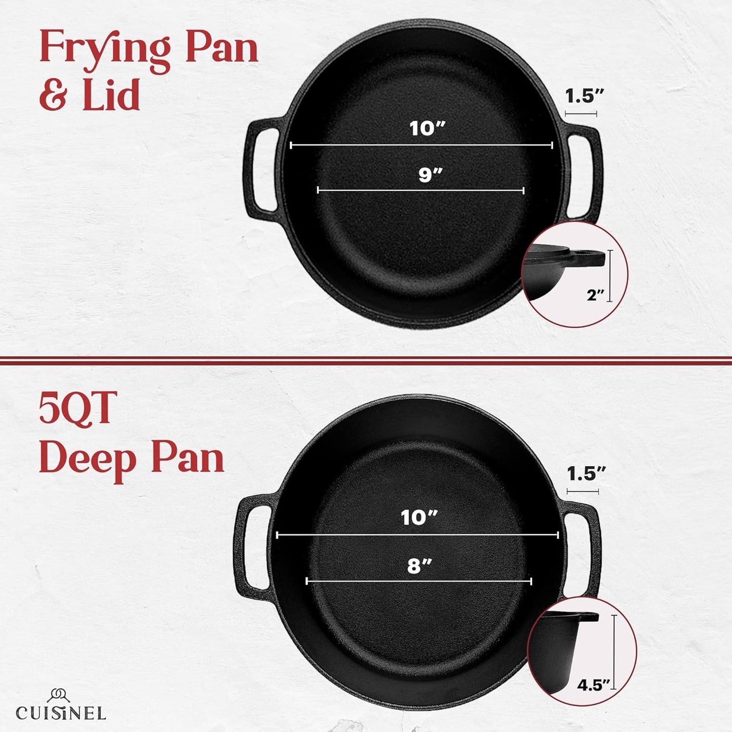 Cast Iron Double Dutch Oven - Pre-Seasoned 5-Quart Set – 2-in-1 Multi-Cooker: 5-Qt Deep Pot + 10" Skillet - Frying Pan Converts to Lid of Combo Dutch Oven – Grill, Stove Top, BBQ and Induction Use