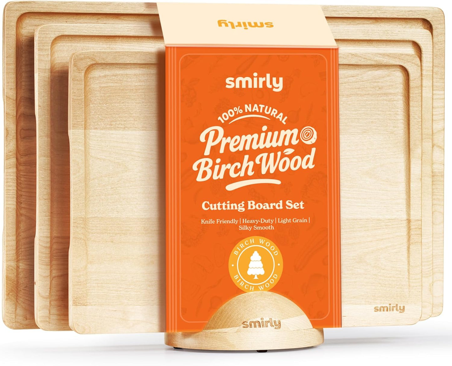 SMIRLY Wood Cutting Boards for Kitchen Wooden Chopping Board Set Reversible with Deep Juice Grooves Grip Handles, Large Charcuterie Tray for Home Kitchen, Natural Birch, 3Pcs with Holder