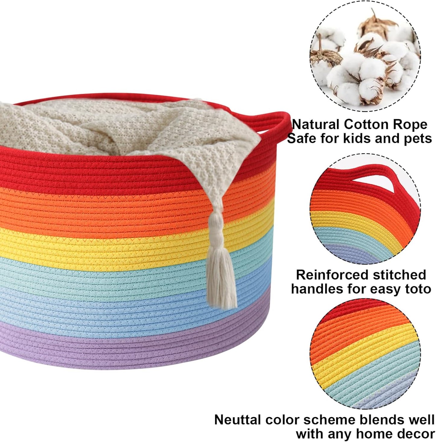 Large Blanket Basket for Organizing,65L Closet Organizers and Storage Bins Box for Shelves Woven Rope Storage Baskets,Living Room,Bedroom,Dorm,Laundry room (Rainbow)