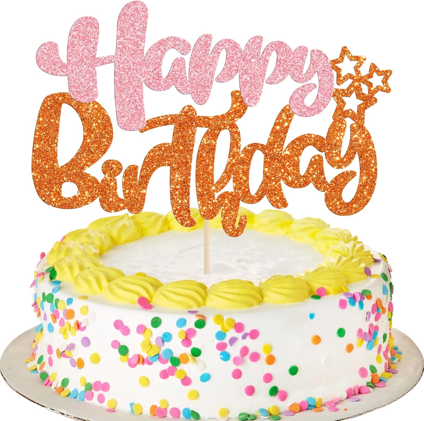 Ephlyn 1Pcs Happy Birthday Cake Topper Glitter Cake Pick for Celebrating Anniversary Party Cake Decorations Supplies Pink Orange