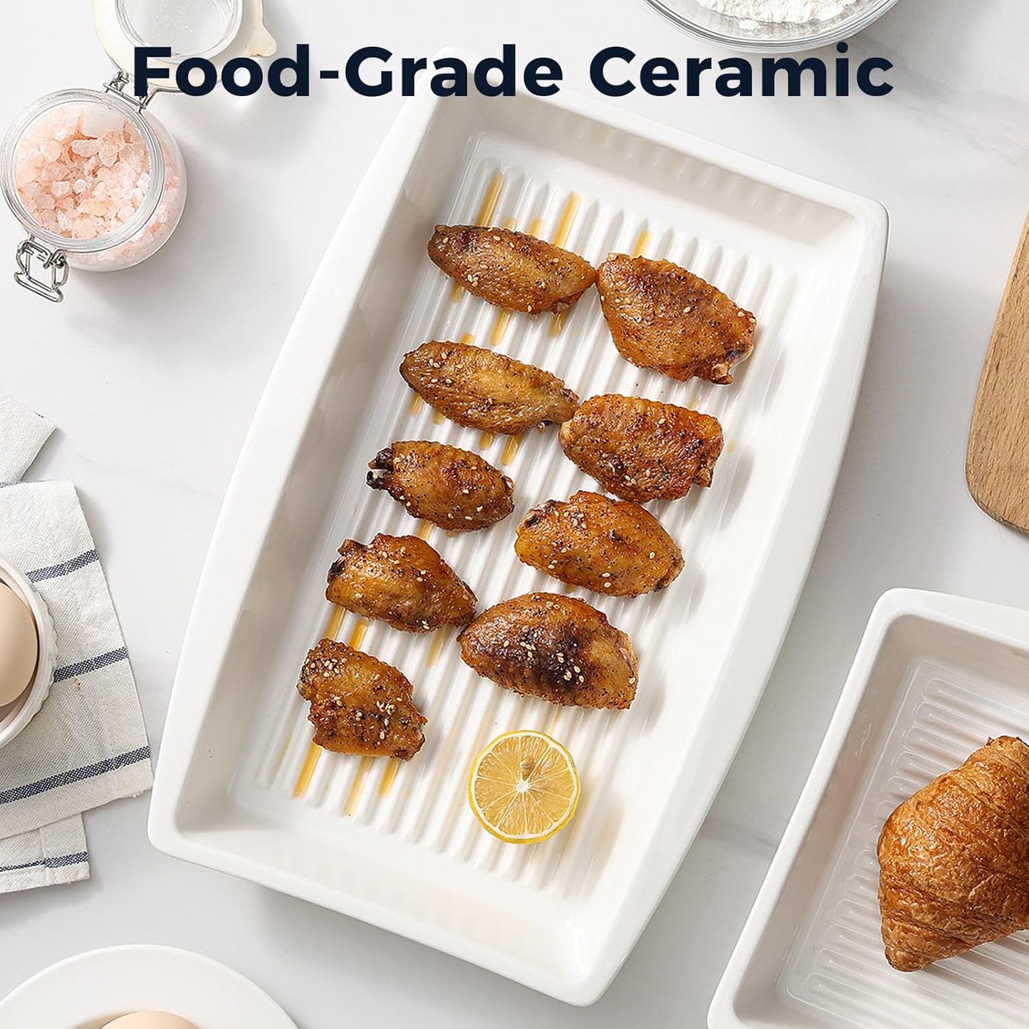 DELLING Baking Dish for Oven, 9.3'' x14'' Ceramic Casserole Dish, Lasagna Pan, Oven Safe Bakeware Sets with Handles for Baking, Roasting, White, Microwave, Dishwasher Safe, Set of 2