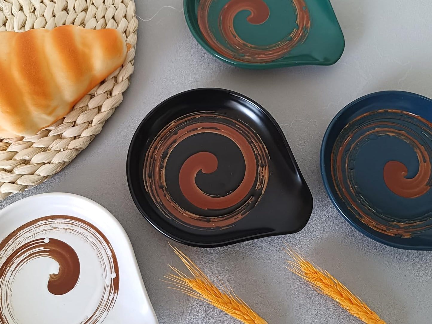 Ceramic Spoon Rest for Stove Top, Hand Painted Brown Swirl Spoon Rest for Kitchen Counter, Retro Cooking Spoon Holder for Kitchen Counter, Utensil Rest for Spatula Ladle or Tong (Matte Black)