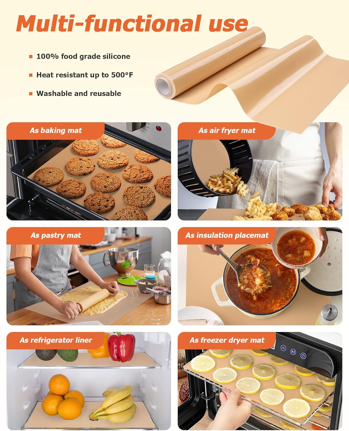 Silicone Baking Mat Roll - Best German Silicone - Non-slip Silicone Pastry Mat, Non-Stick Reusable Air Fryer Linner, Counter Mat, Oven Liner, Freeze Dryer Mat - 12IN x 10.7FT