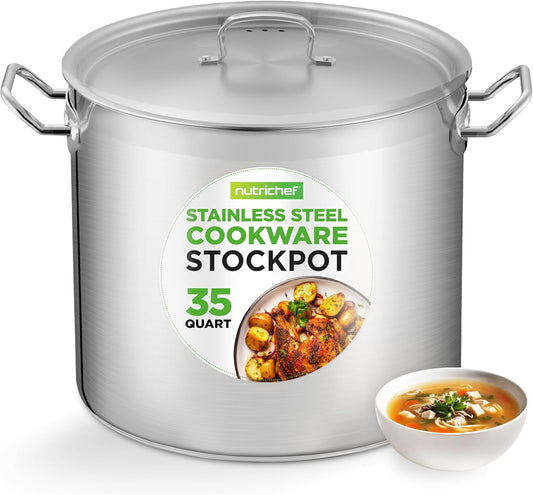 Nutrichef Stainless Steel Cookware Stockpot, 35 Quart Heavy Duty Induction Soup Pot With Stainless Steel Lid And Strong Riveted Handles, Even Heat Distribution, Compatible With Most Cooktops