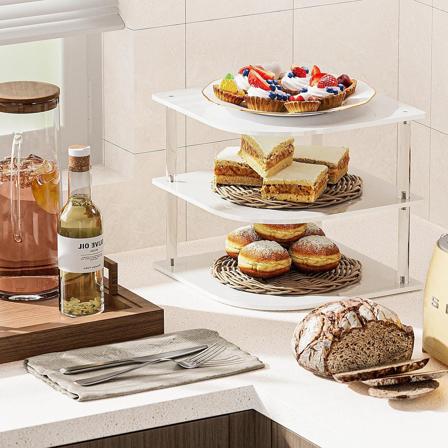 Plate Organizer for Cabinet Space Saver - Acrylic Corner Shelf for Dishes, Bowls, 3-Tier Kitchen Countertop Cabinet Organization, Dinner Plates Holder, and Small Shelf for Bathroom Storage - White