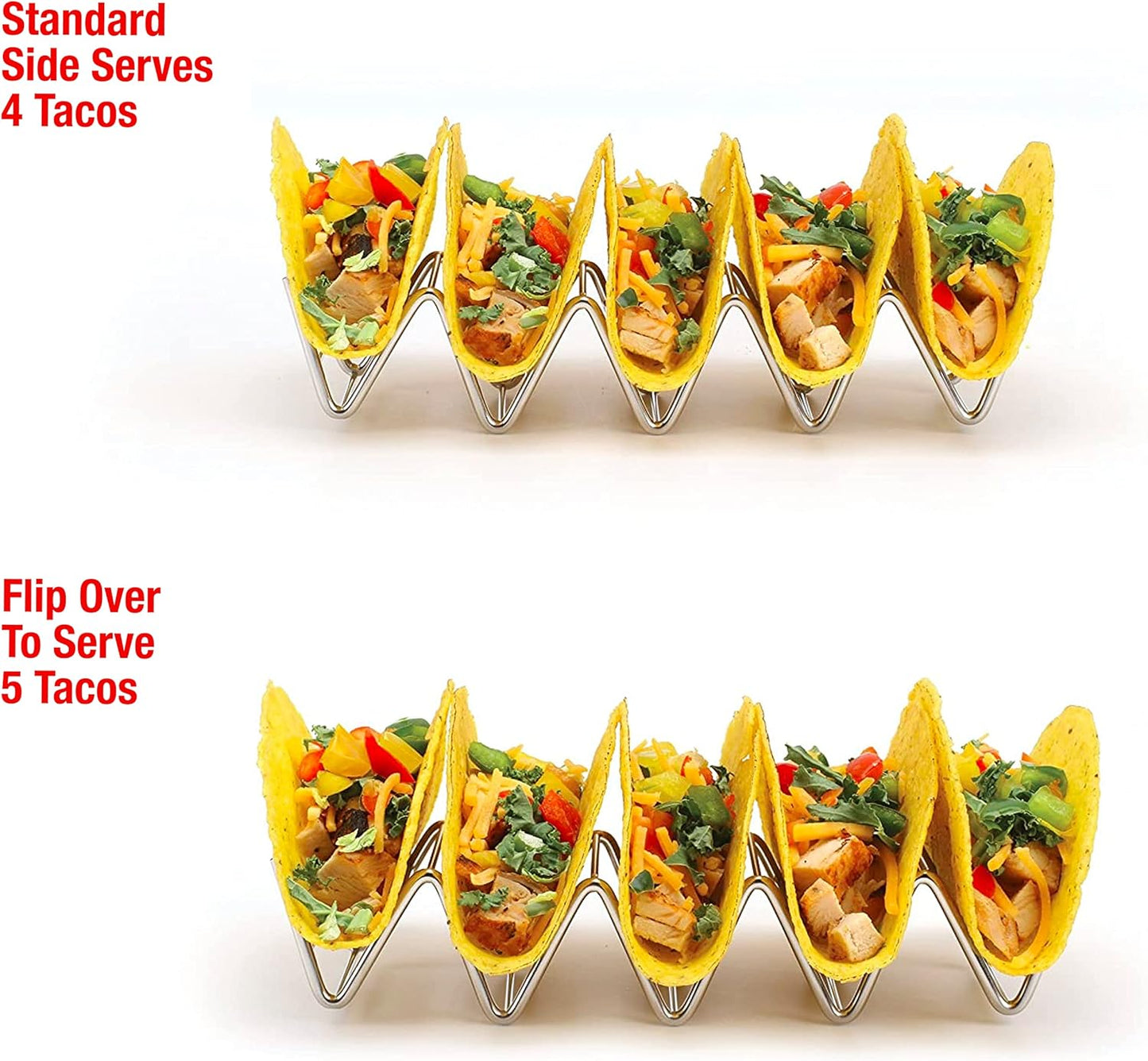 Taco Holders Set of 2 Premium Stainless Steel Stackable Stands, Each Rack Holds 4 or 5 Hard or Soft Tacos, Five Styles Available By 2lbDepot