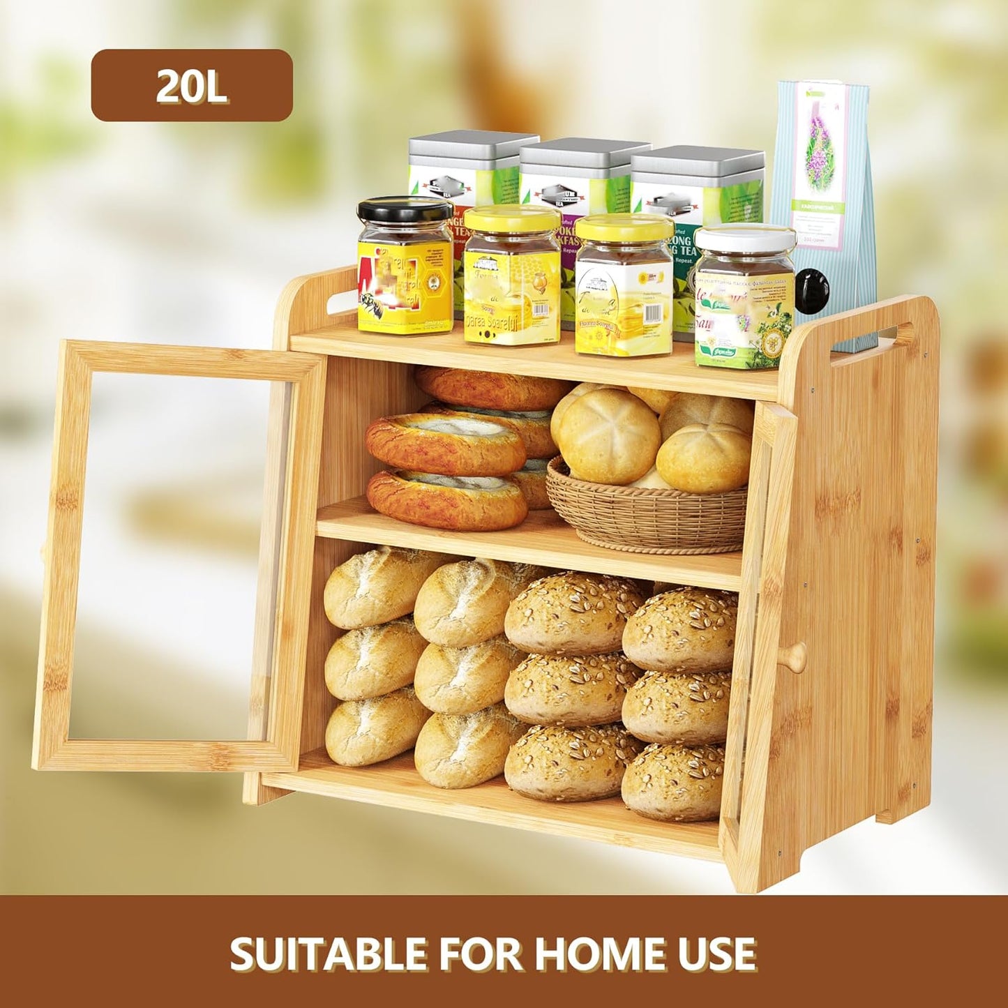 AMBIRD Bamboo Bread Box 20L Large Capacity with Clear Acrylic Doors - Double Layer Food-Safe Bread Storage with Air Vents and Side Handles - Keep Bread Fresh and Counter Clutter-Free