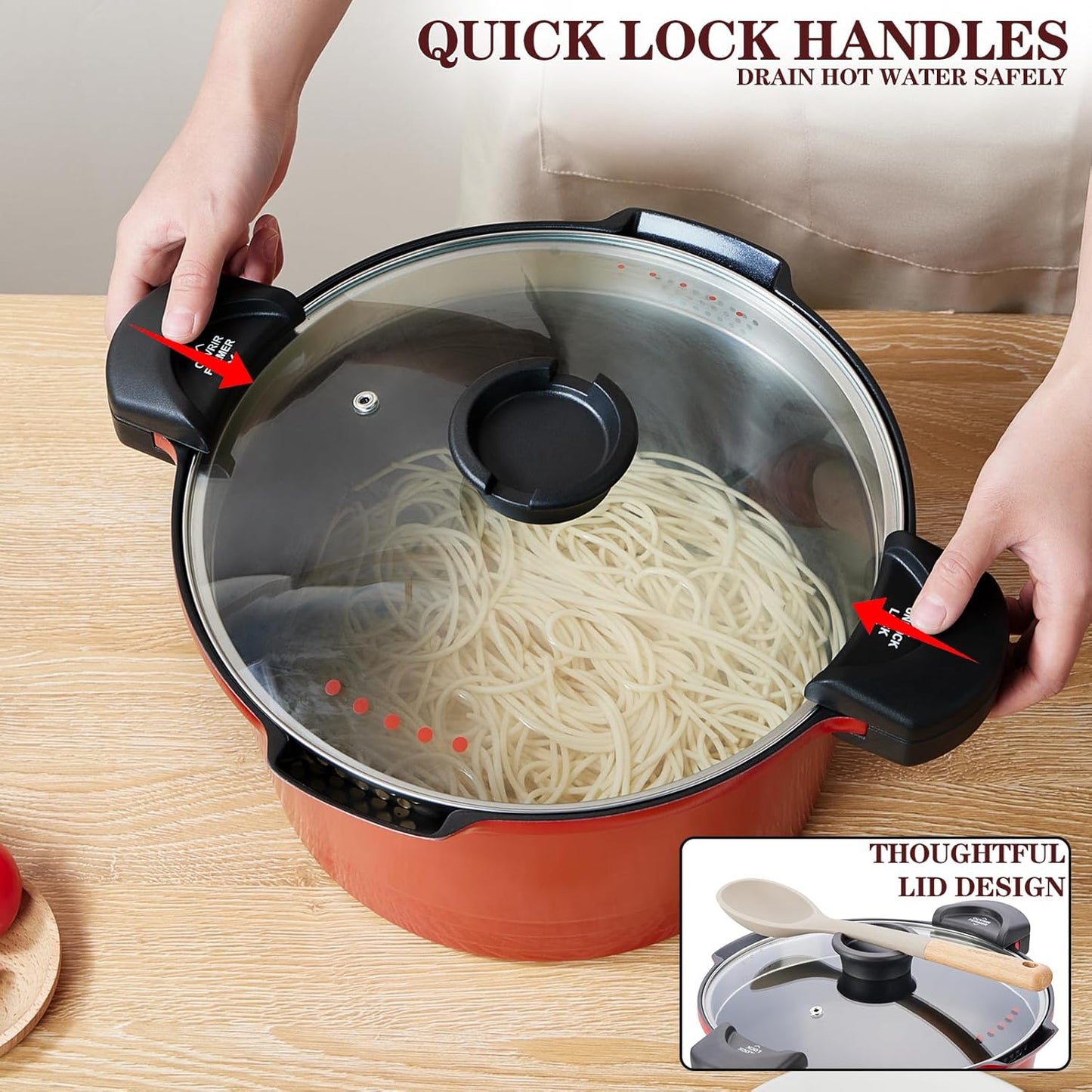 5qt Pasta Pot with Strainer Lid, Cast Aluminum Stockpot Multipot, Nonstick Ceramic Coating make Cleanup easy with Tempered Glass Lid, Dishwasher Safe, Induction, Black (Red, 5 Quarts)