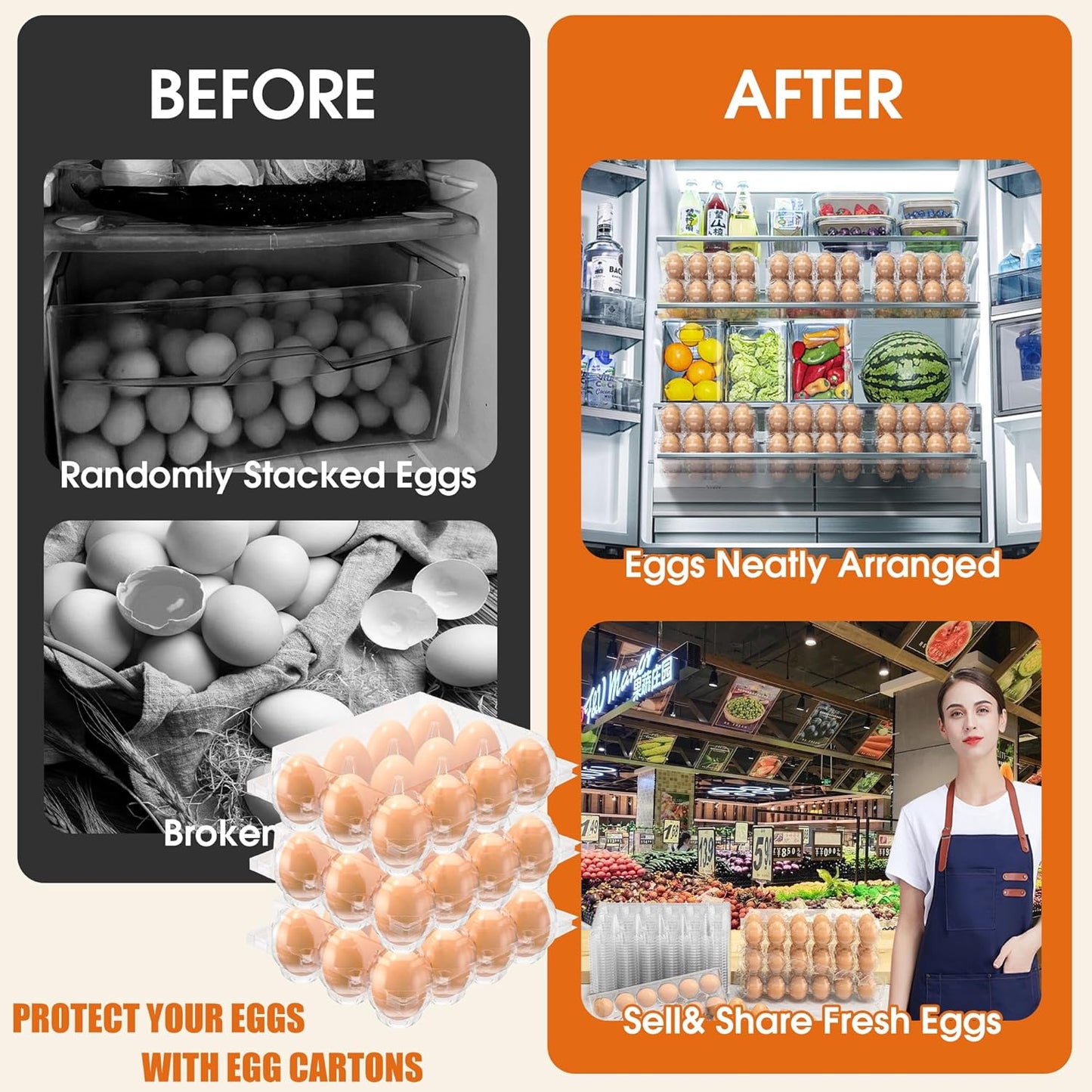 100 Pack Egg Cartons Cheap Bulk, 12 Count Clear Empty Egg Cartons for Fresh Chicken Eggs, 2x6 Grids Reusable Egg Holder Trays for Refrigerator Use, Chicken Farming, Family Storage and Market Purpose