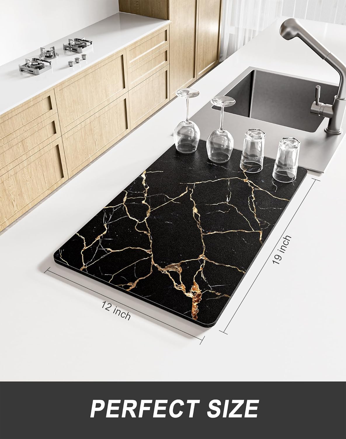 Rnivvi Dish Drying Mat for Kitchen Counter, 12 x 19" Cute Marble Super Absorbent Draining Pad, Non-Slip Heat Resistant Coffee Bar Mats for Coffee Machine Station Accessories, Black Gold Dish Rack Pad