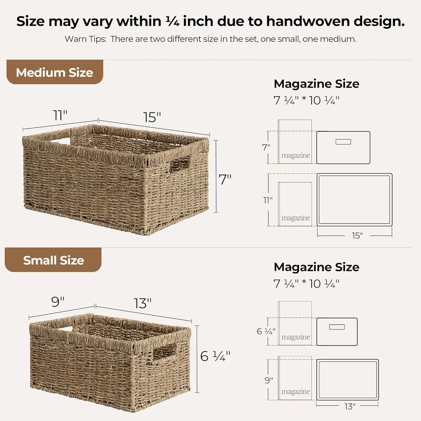 StorageWorks Wicker Storage Baskets, Handwoven Seagrass Basket for Organizing, Decorative Organizers with Built-in Handles, Set of 2