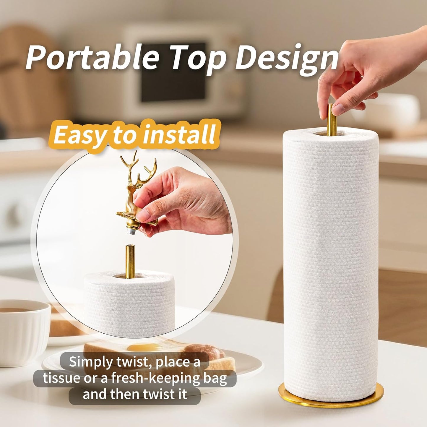 Gold Paper Towel Holder for Countertop, Vintage Brass Paper Holder for Kitchen, Bathroom, Dining Room, Non-Scratch Base & Detachable Deer