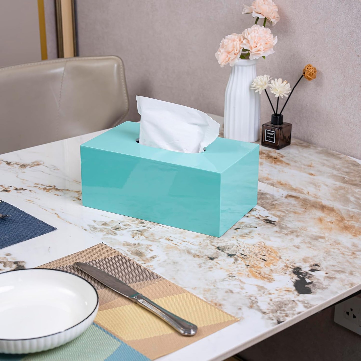 PEMAR Rectangular Lacquer Tissue Box, Handmade Rectangle Tissue Holder Decorative Napkin Dispenser Organizer Rustic Farmhouse Vintage Decor (Aqua)