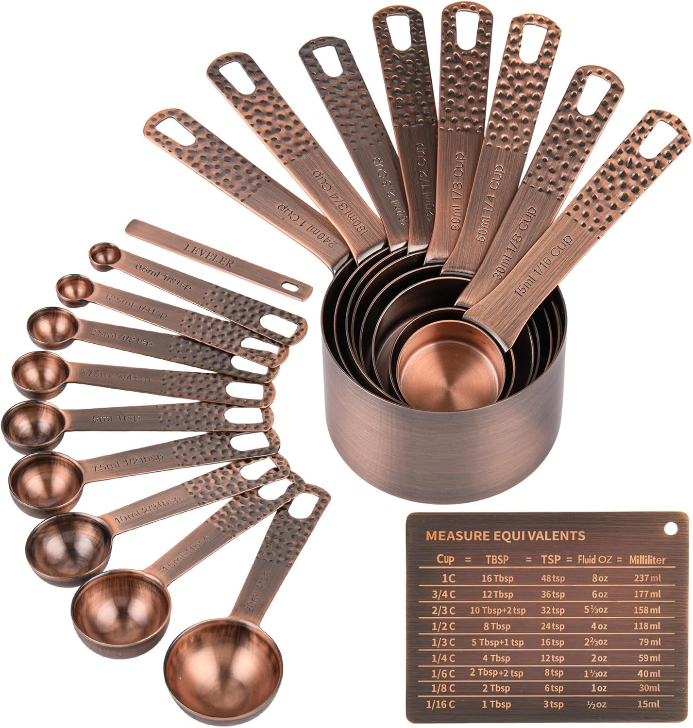 Copper Measuring Cups and Spoons Set 19 for Kitchen and Baking, Dry & Liquid, Metal Metric&US Measuring Cups and Spoons Set for Dry and Liquid
