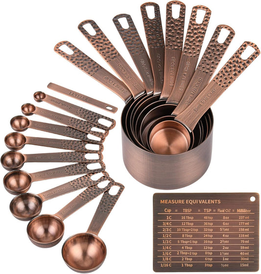 Copper Measuring Cups and Spoons Set 19 for Kitchen and Baking, Dry & Liquid, Metal Metric&US Measuring Cups and Spoons Set for Dry and Liquid