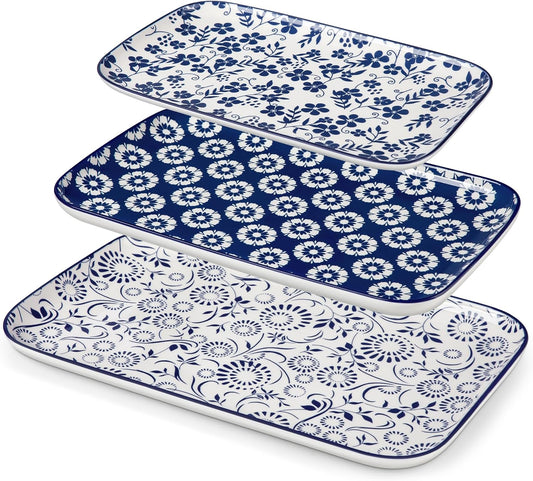 vancasso Serving Platters Set of 3, 16"/14"/12" Inch Rectangular Trays - Serving Platter Extra Large, Ceramic Serving Dish Microwave & Dishwasher Safe (Vintage Blue B)