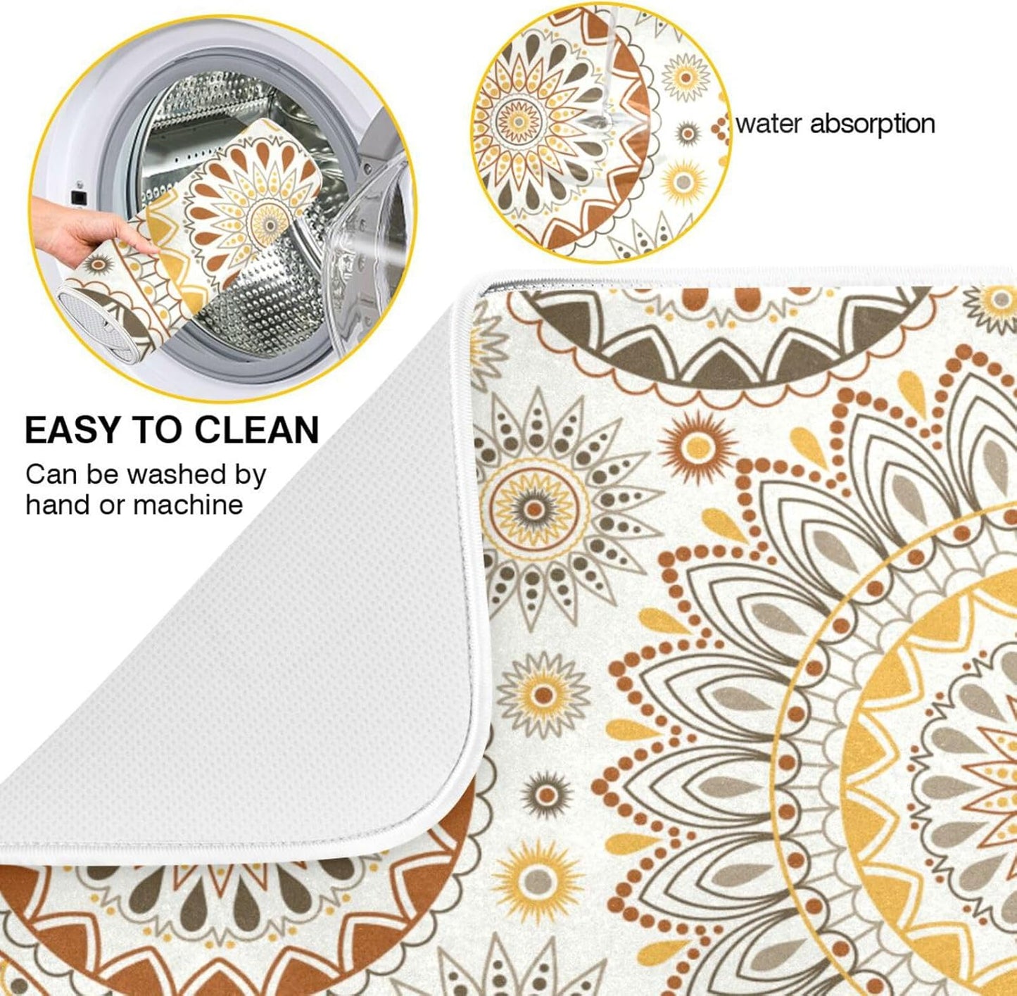 Mandala Ethnic Bohemian Ornament Dish Drying Mat for Kitchen Counter Absorbent Microfiber Drying Pad, Large 18x24 in, Reversible Drainer Mats