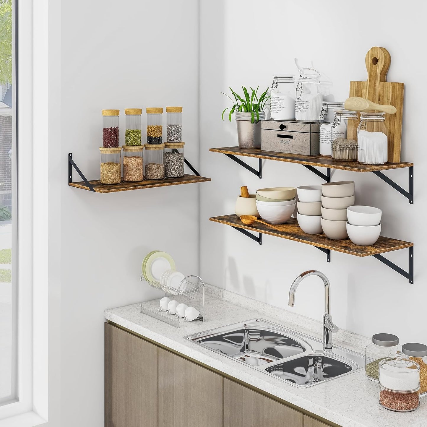 Heimlove Deep Floating Shelves for Wall, 36W x 12D Wood Wall Shelves Set of 2, Wide Floating Bookshelf for Living Room, Kitchen, Office, Bedroom and Decor Storage, with Metal Bracket - Rustic Brown