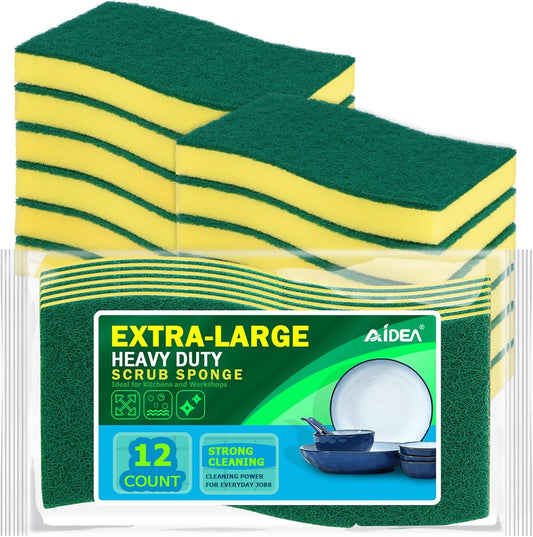AIDEA Sponges Kitchen, XL Heavy Duty Dish Sponge, Cleaning Dish Scrubber Sponge for Home and Kitchen, Extra Large Cleaning Supplies for Pots, Pans, 12 Pack