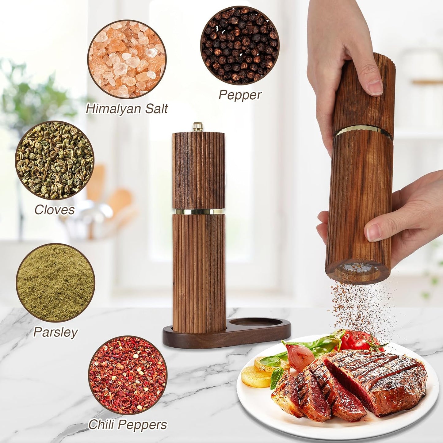 Wooden Salt and Pepper Grinder Set, Refillable Salt and Pepper grinder with adjustable Coarseness, Acacia Wood pepper mill manual, Salt and Pepper Shakers Matching Wooden tray-Ideal for Gifting