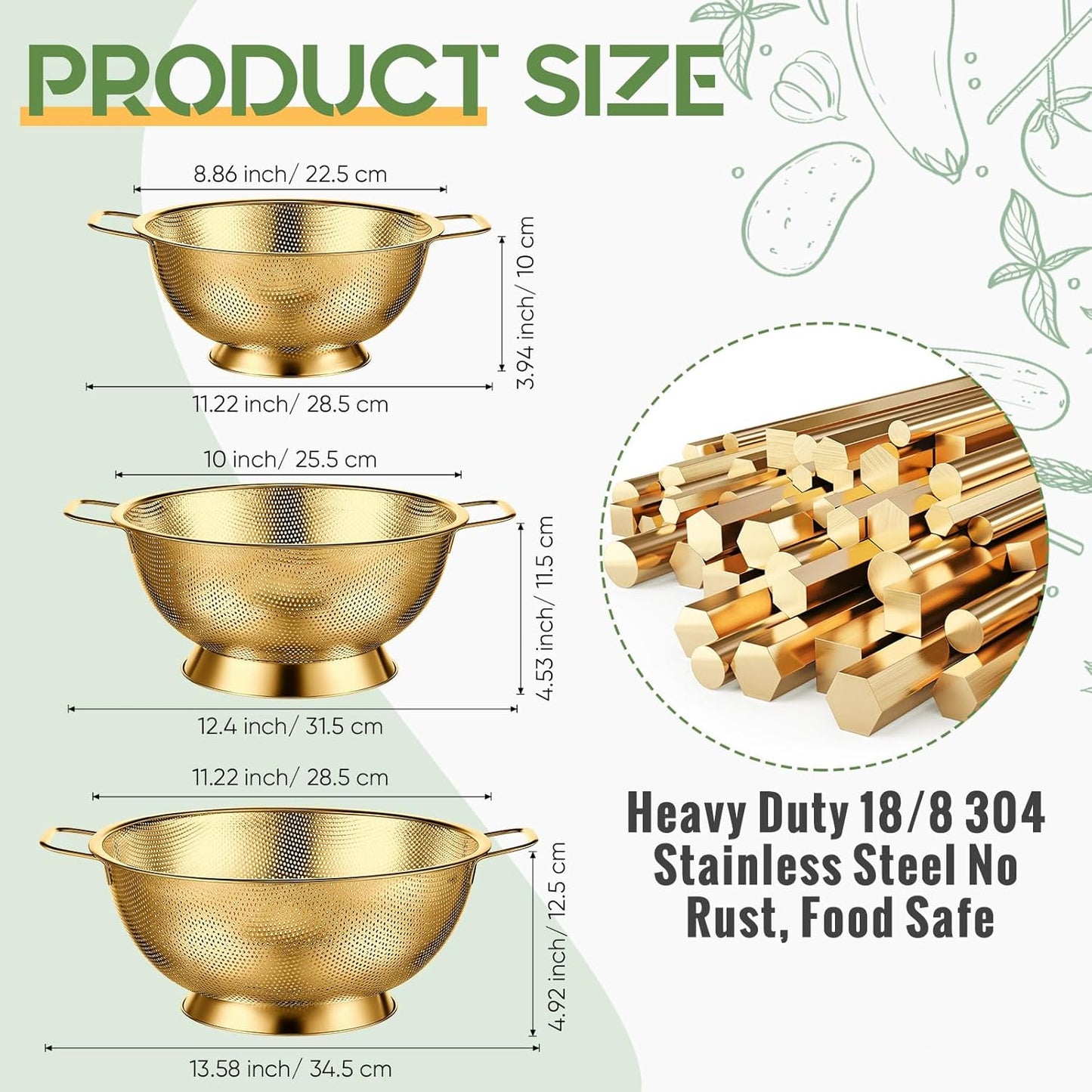 Bokon 3 Pcs Stainless Steel Colander Set Colander Bowl and Sieves 1/3/5 Quart Metal Mesh Strainer Net Basket with Handles Food Spaghetti Strainer for Kitchen Draining Pasta Rinsing(Gold)