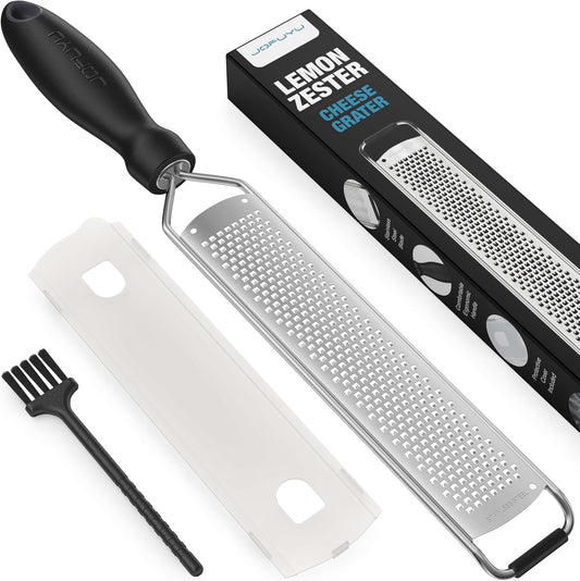 Premium Lemon Zester Grater with Handle, Ultra Sharp Stainless Steel Blade for Cheese, Citrus, Ginger, Garlic & Chocolate, Non-Slip Grip, Safety Cover & Cleaning Brush
