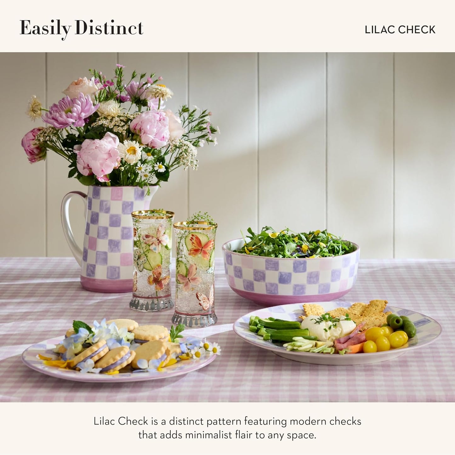 MACKENZIE-CHILDS Round Platter, Dishwasher-Safe and Microwave-Safe Stoneware Serving Platter, Lilac Check