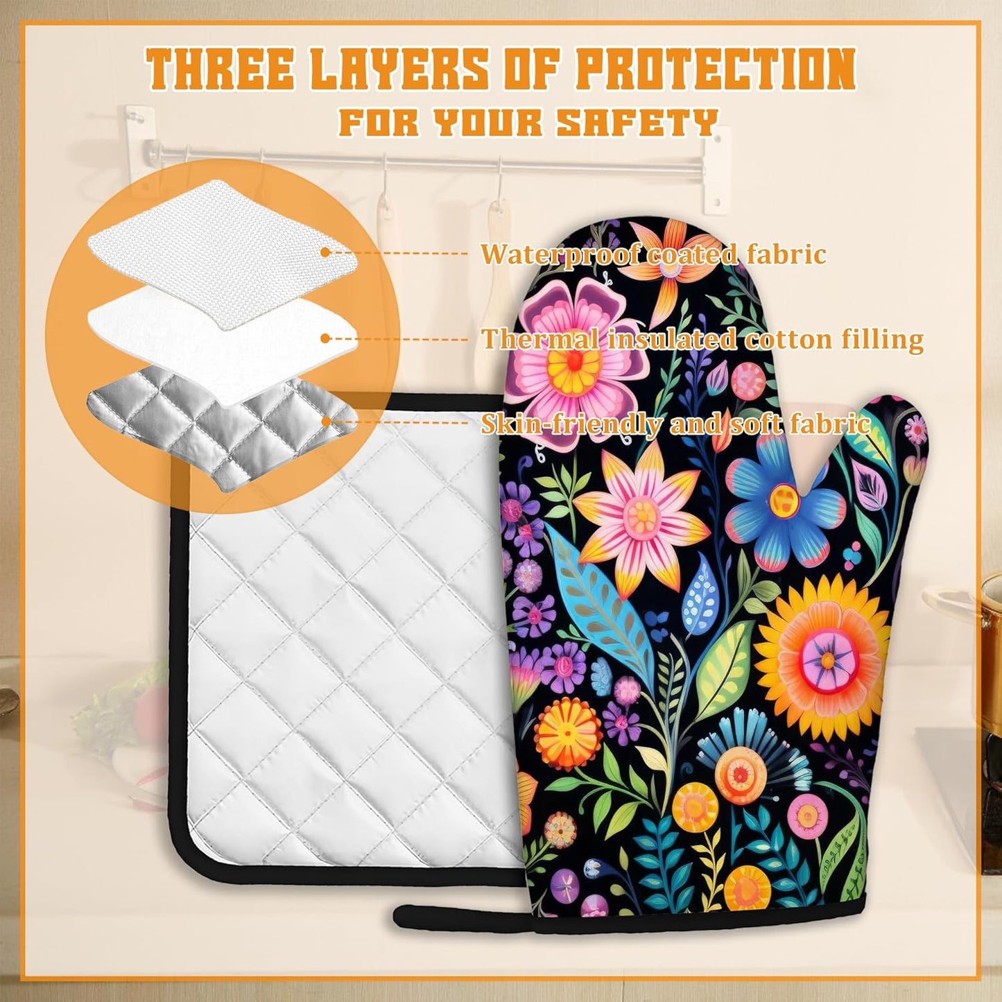 Vintage Hippie Flower Oven Mitts and Pot Holders,Heat Resistant Oven Mitts Gloves and Pot Holder for Home Kitchen Decorations Cooking Baking BBQ Gifts,Set of 4