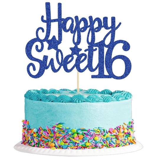 Gyufise 1Pc Happy Sweet 16 Cake Topper Blue Glitter Sweet 16 Birthday Cake Decoration Happy 16th Birthday Decorations for Girls Boys Party Supplies