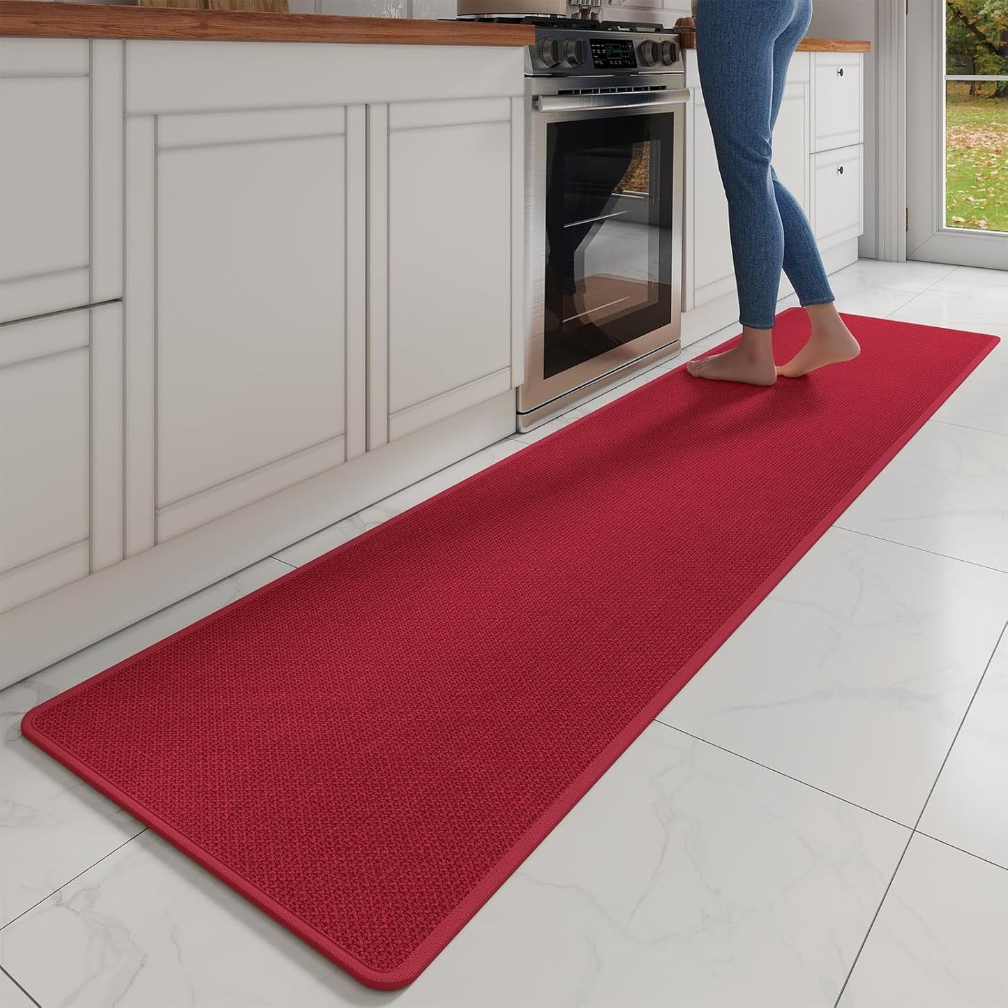 Kitchen Mats for Floor, Super Absorbent Kitchen Rugs Non Slip Washable, Soft Imitation Linen Braided Kitchen Runner Rug, Standing Mat Kitchens Sink Mat, Easy to Clean, Red 17x95