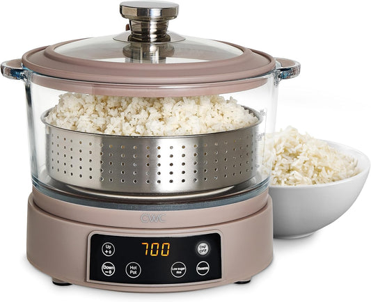 COOK WITH COLOR 3L Glass Low Carb Rice Cooker - Makes 6 Cups Low Sugar Rice with Auto Lift Filter Basket, Hotpot & Steamer for Rice, Grains and Oats, Digital Panel with Keep Warm Function, Greige