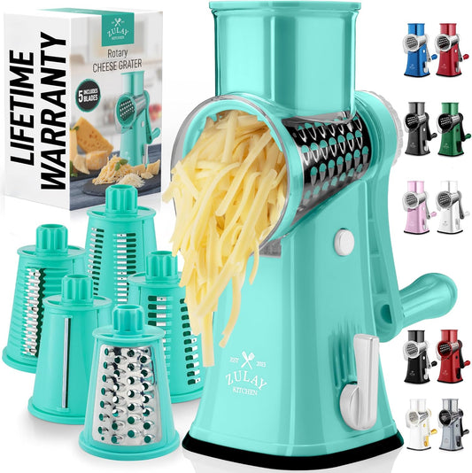Zulay Kitchen Rotary Cheese Grater 5 Blade Cheese Shredder - Manual Hand Crank Cheese Grater With Reinforced Suction & 5 Interchangeable Drums - Easy to Use, Vegetable Chopper Round Mandoline Slicer