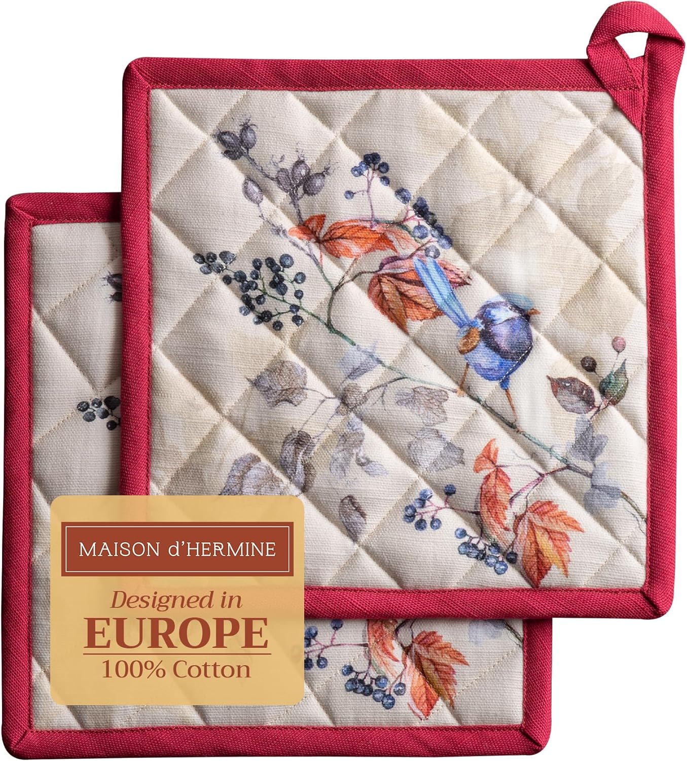 Maison d' Hermine Pot Holders Set 100% Cotton Heat Resistant Potholders 8" x 8" Hot Pads with Loop BBQ, Cooking, Baking, Grilling, Kitchen, Handling Hot Pans (Pack of 2, Equinoxe - Beige)