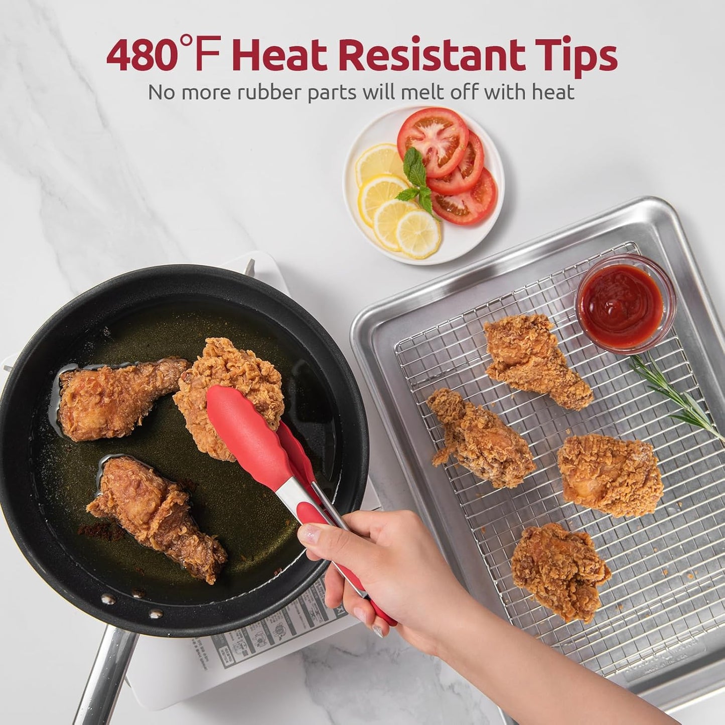 480ºF Heat Resistant Kitchen Tong: U-Taste 7 inch Silicone Cooking Tong with Firm Sealed Non Stick Rubber Tips & Silicon Coated 18/8 Stainless Steel Handle & Smooth Locking for Serving Salad (Red)