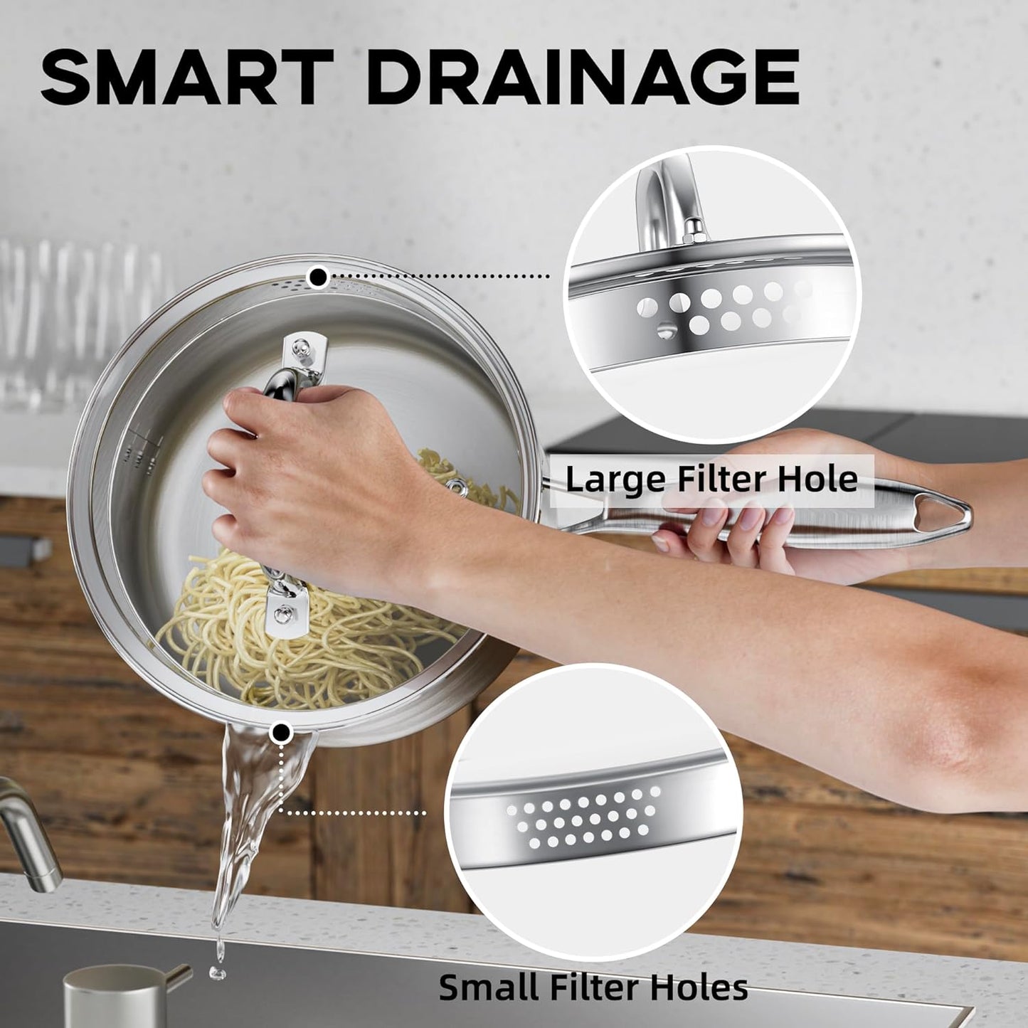 Leetaltree 2.5 Quart Stainless Steel Saucepan with Glass Strainer Lid, Thicken Tri-ply Ful Body, Multipurpose Sauce Pot with Two-Size Drainage Holes Lid, Perfect For Boiling Gravies, Pasta, Noodles